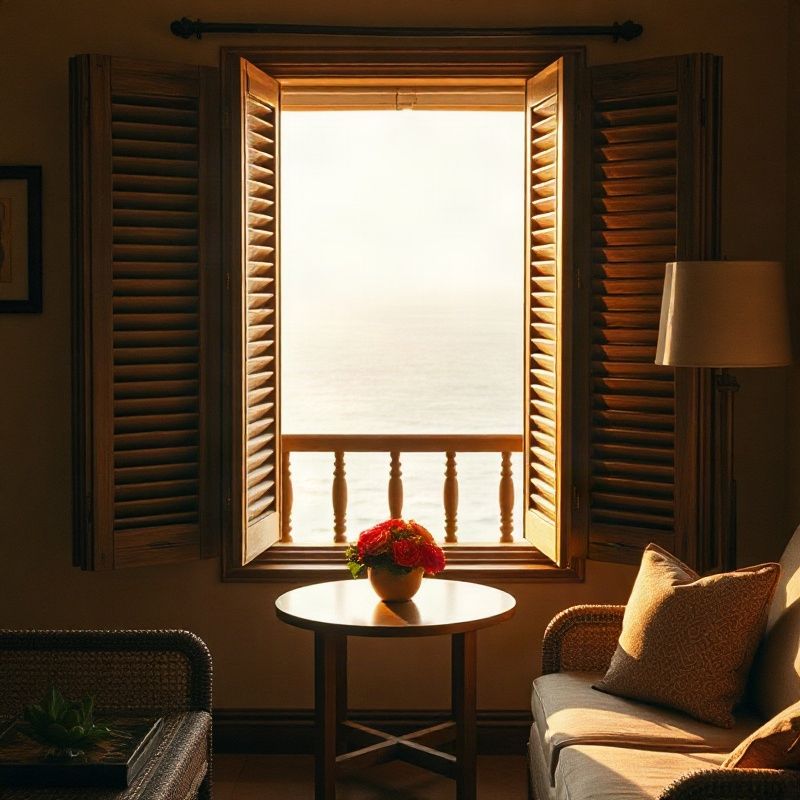 Warm interior of a Malindi rental apartment with wooden shutters